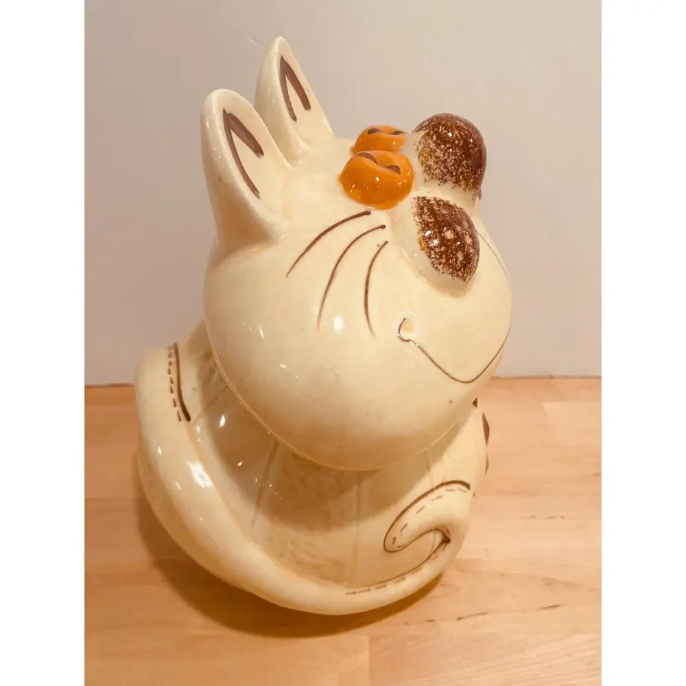 Vintage Ceramic Cat Cookie Jar Hand Painted Whimsical MCM Kitchen Decor